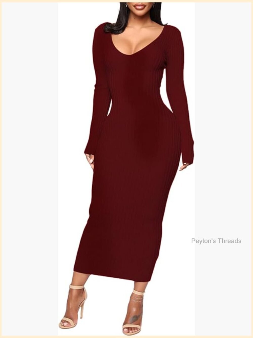 Sexy Ribbed Bodycon Midi Dress V-Neck Off Shoulder Long Sleeve Knit Stretchy